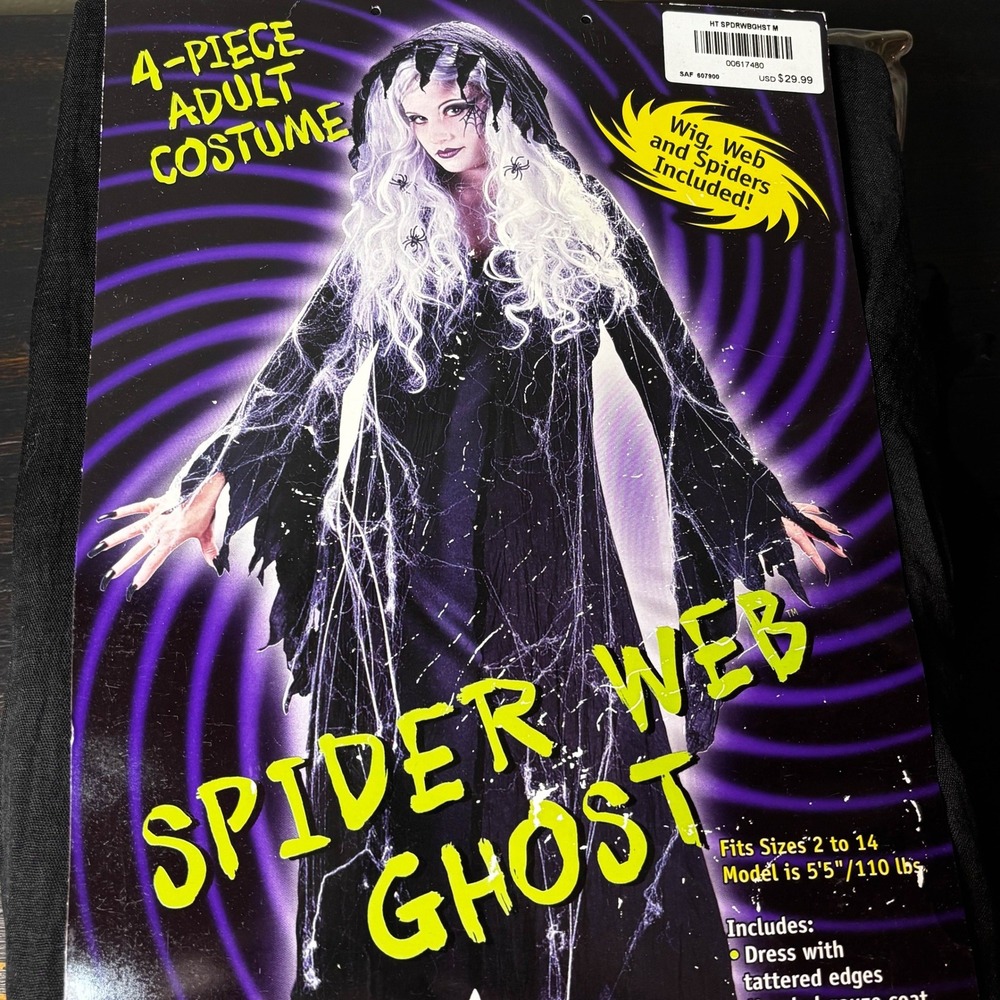 Fun World Spider Web Ghost 4 Piece Adult Costume Medium Large 8-14 Black Dress